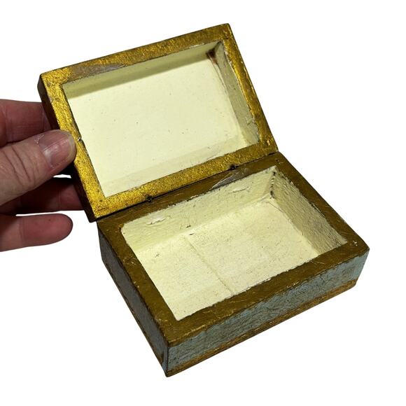 Italian Florentine style wood hinged lid trinket keepsake box gold & mint green - Picture 6 of 9